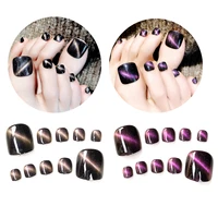 24pcs cat eyes style fake toe nails tips black cute lady girls toe short false nails artificial feet patch press on nail