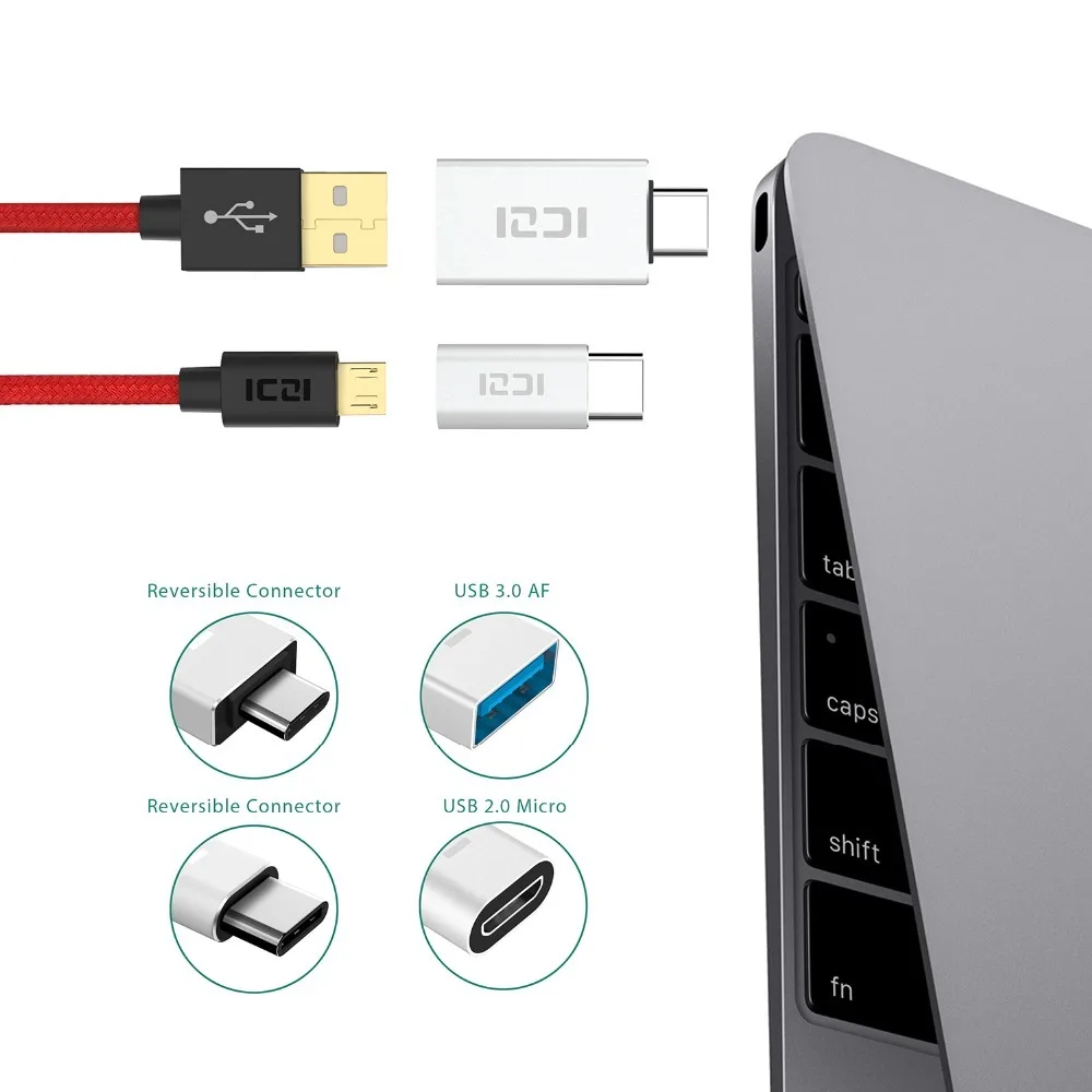 ICZI Тип C к Micro USB адаптер(1 шт)+ Тип C к USB 3,0 адаптер(1 шт) для Macbook Chromebook Pixel htc 10 LG G5(серебро