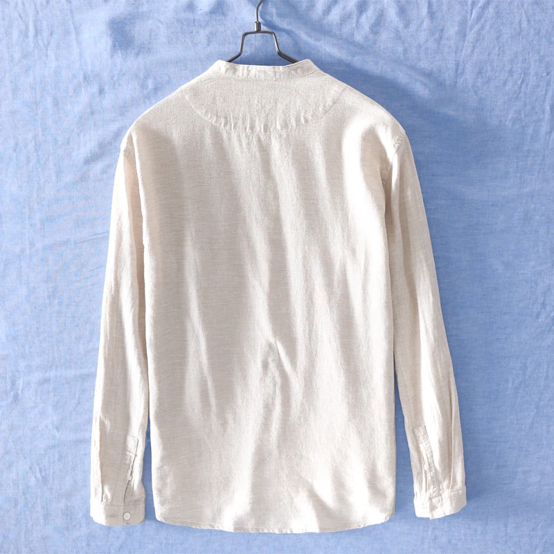 Рубашка мужская с карманами повседневная сорочка из хлопка и льна длинным