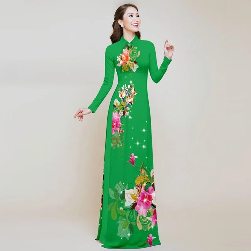 Вьетнамское традиционное платье Ципао с длинным рукавом|Одежда Азии и островов