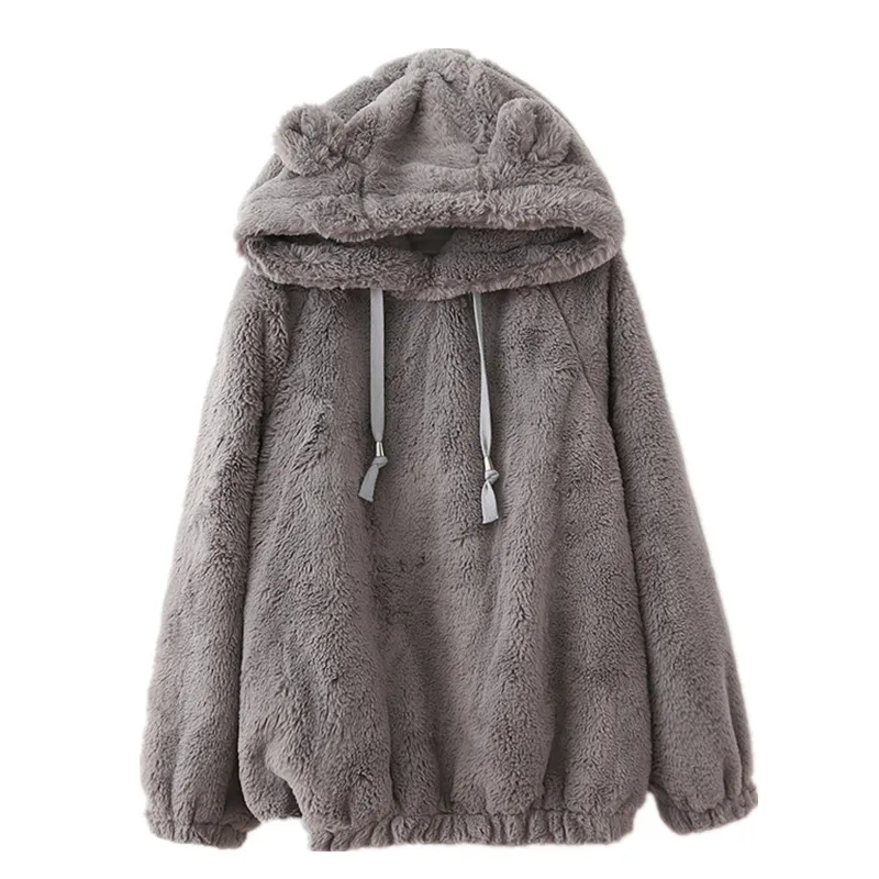 Gray Мягкая толстовка с капюшоном Harajuku kawaii, мягкий зимний пуловер, женская толстовка с медвежьими ушами, симпатичная куртка с капюшоном, студенческая аниме-рубашка - Цвет: Gray
