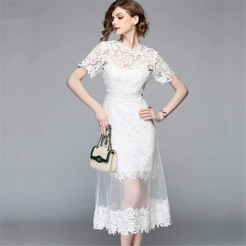 Summer Female Mesh Patchwork Long Lace Dress Women O-Neck Work Casual Party Slim Sexy White Dresses Vintage Vestidos | Женская одежда