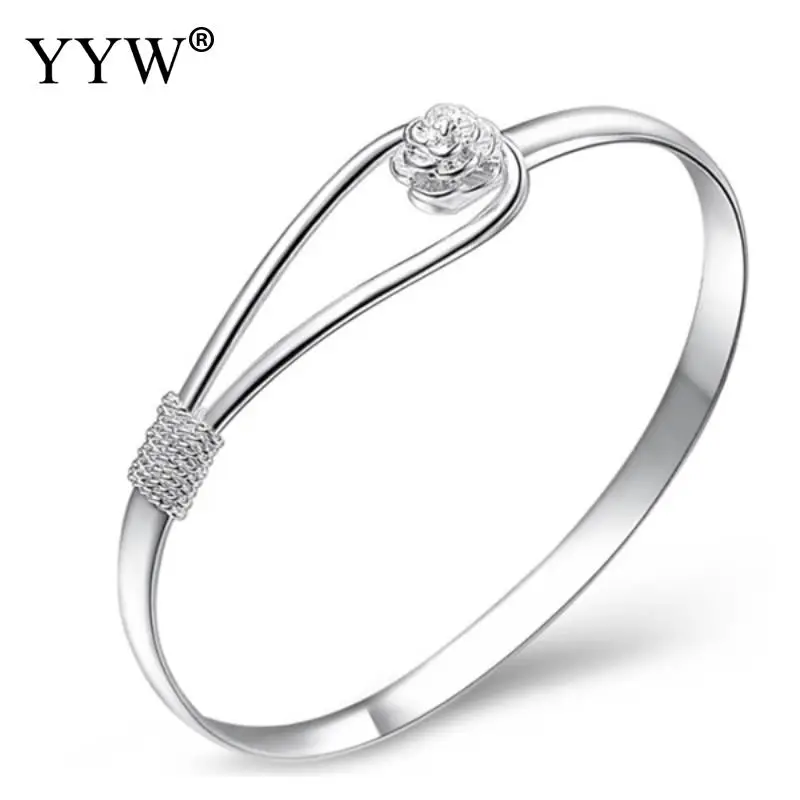 Fashion Romantic Silver Plated Rose Cherry Flower Carve Chain Cuff Bangle Bracelet For Women Simple Gift 925 Caved Jewelry