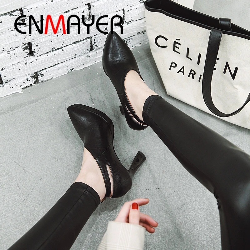 

ENMAYER 2019 New Arrival PU Super High Women Pumps Pointed Toe Office & Career Slip-On Women Shoes Size 34-43 LY1953
