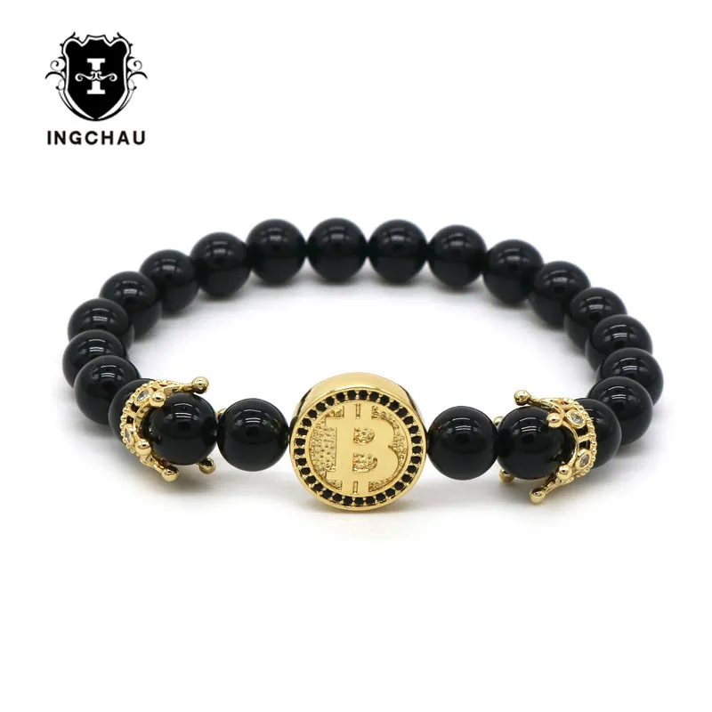 2018 модный браслет с короной и биткоином мужской из черного оникса камнем для