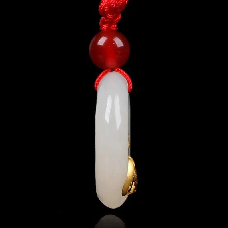 

Solid 24K Yellow Gold Bat Pendant Natural White Jadeite Round Circle Pendant