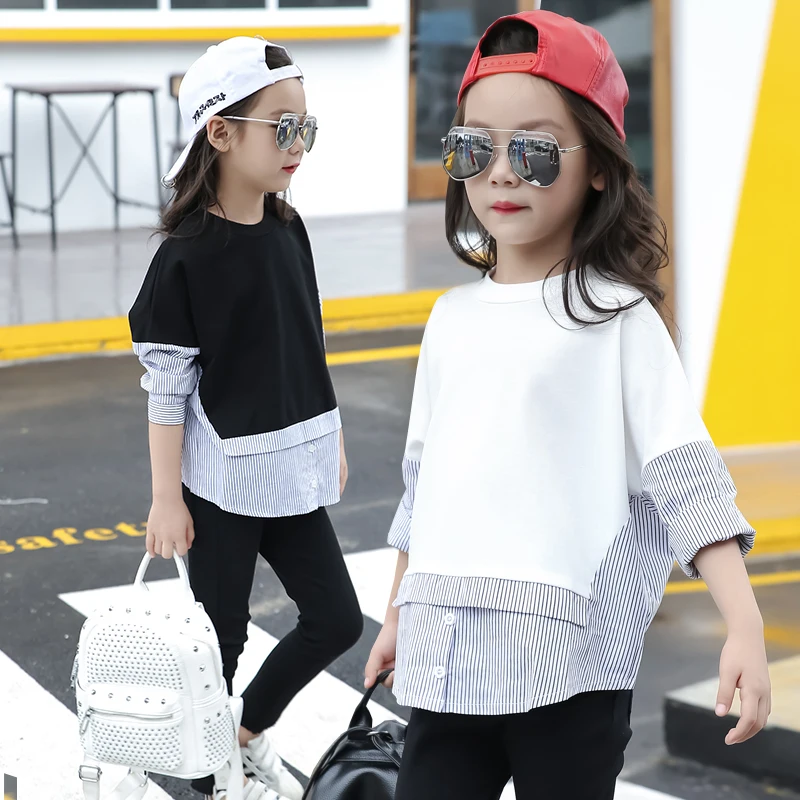 

Stripes Patched Kids Girls Blouse Long-sleeve Shirt for Girls Tops and Blouses 2019 Spring New Teenage Girls Clothes White Black