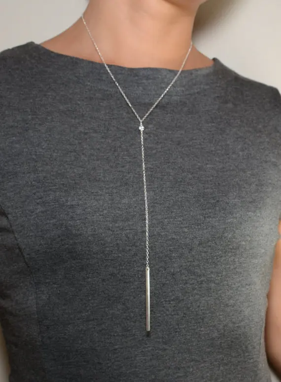 

2016 100% pure 925 sterling silver 1 CZ with LONG BAR shinny silver women long Y shape necklace