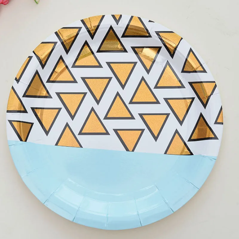 Одноразовые тарелки в синюю золотую полоску 9 дюймов бумажная тарелка для