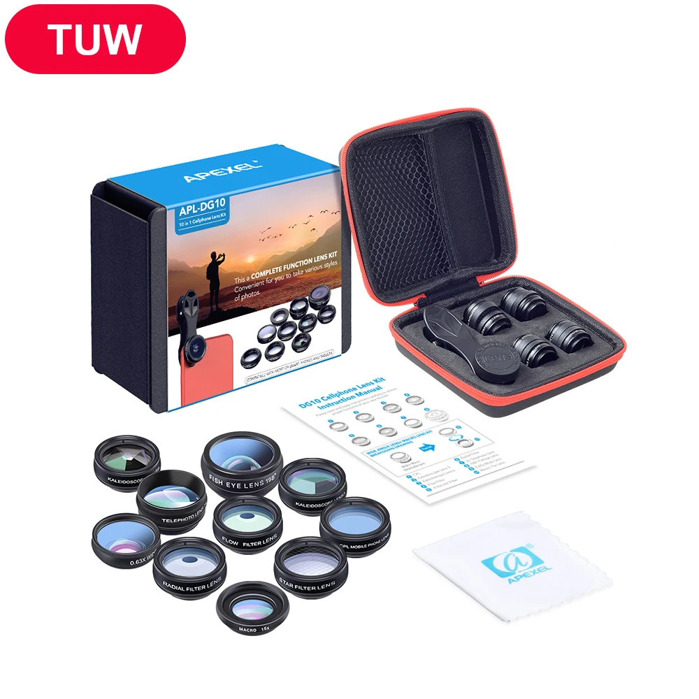 Apexel 10in1 телефон объектив камеры комплект Fisheye Широкий формат макро 2X телескоп для