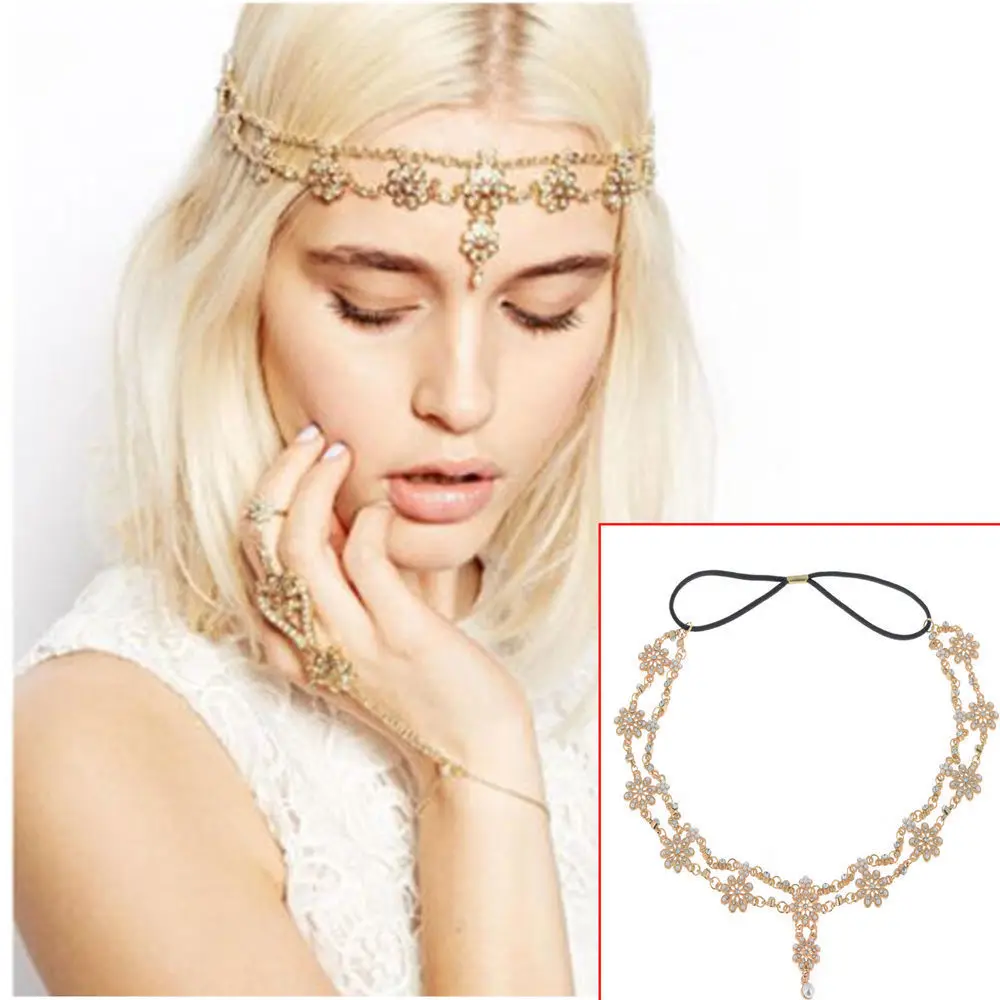 

Hot Fashion Baroque Hair Decoration Indian Boho Flower Head Chain Pearl Beads Dress Headpiece For Women Jewelry Accessories