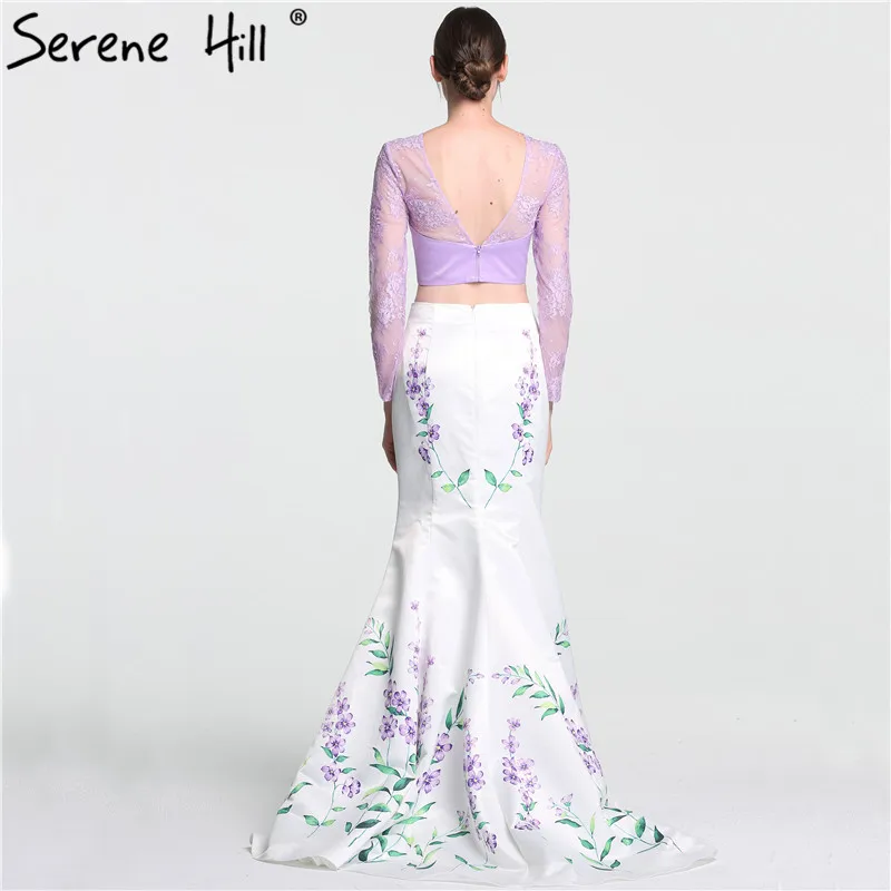 Two Pieces Sexy Printing Pattern Evening Dresses 2018 Long Sleeves Mermaid Satin Prom Dress Serene Hill LA6116 | Свадьбы и торжества