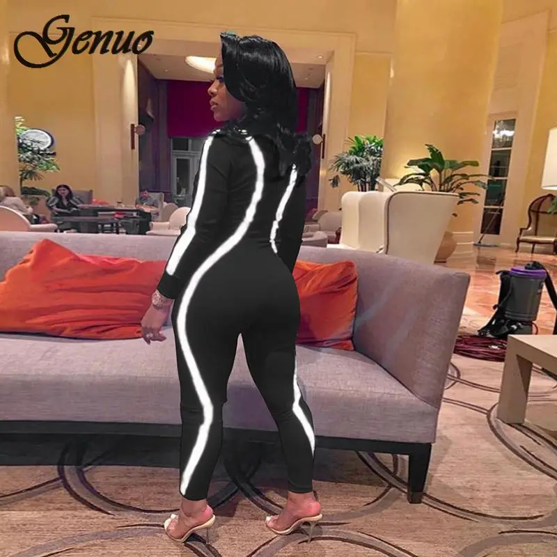 Genuo новинка Женский обтягивающий комбинезон светоотражающий в полоску из кусков