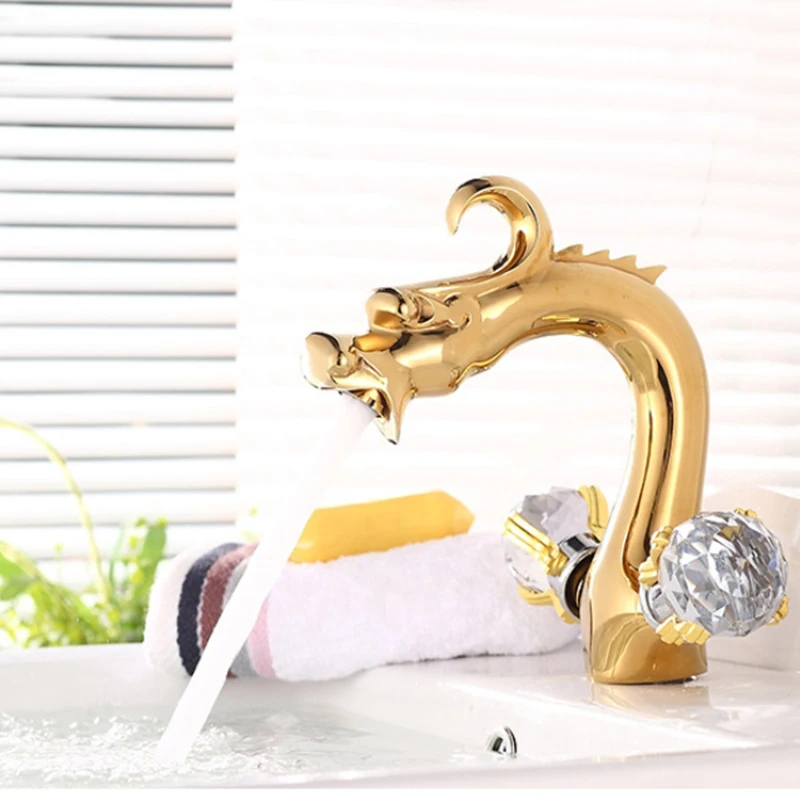 Antique Gold Plating Dragon Design Basin Faucet Luxury Decorative Crystal Bathroom Dual Handle Faucets Mixer Water Tap SE-8613 |