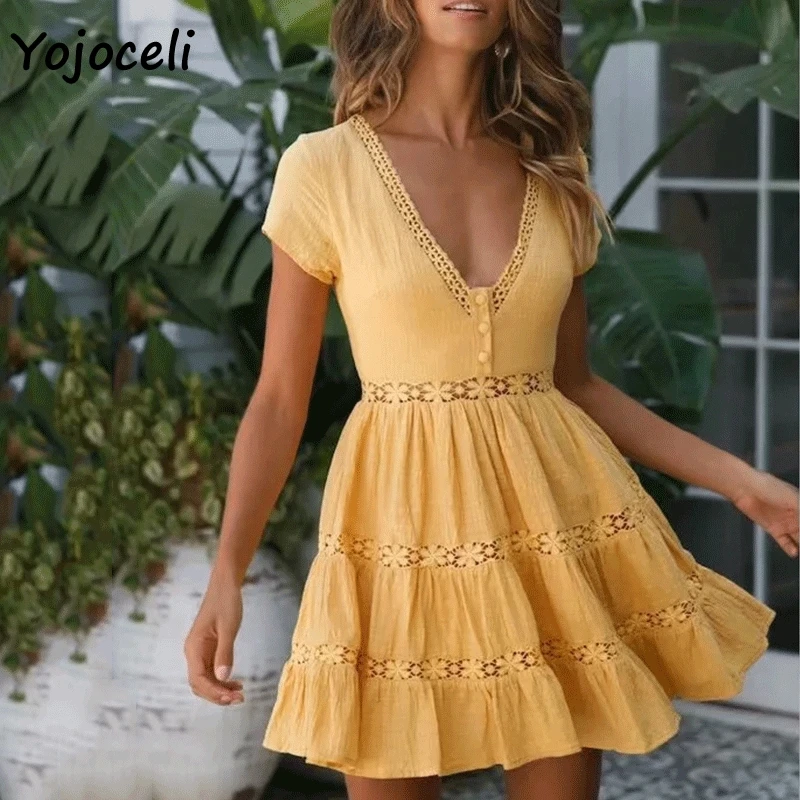 Yojoceli boho пляжное кружевное лоскутное Открытое платье 2019 летнее короткое