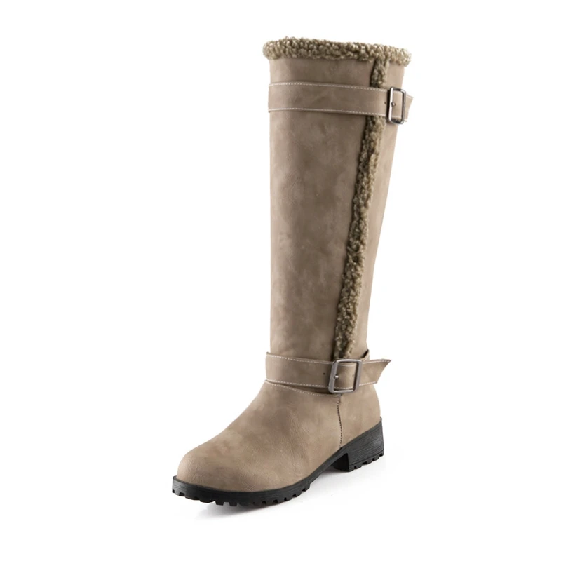 

AnmaiRon Women Knee high boots New Style Round toe square heel lady solid buckle high heel boots Big size 34-43 Winter CR1654