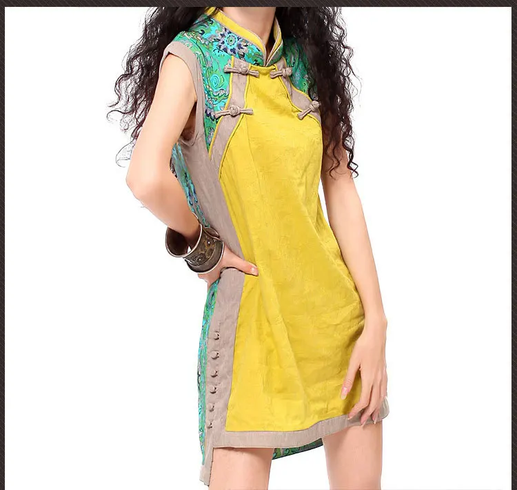 Женское винтажное платье чонсам желтое зеленое в стиле пэчворк с воротником