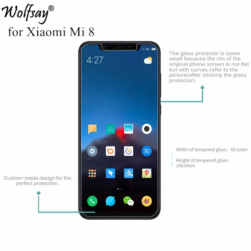 Wolfsay 2 шт Стекло для телефона Xiaomi Mi 8 Защита экрана закаленное стекло Защитная