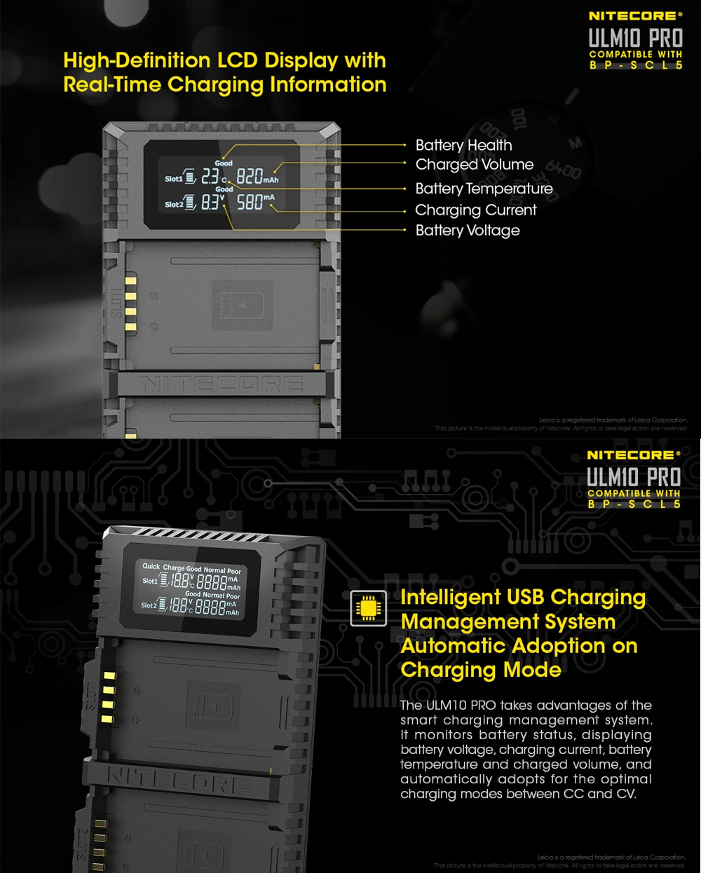 Nitecore ULM10 Pro цифровой двойной слот Путешествия Камера зарядное устройство для Leica BP-SCL5 батареи, совместимый с M10
