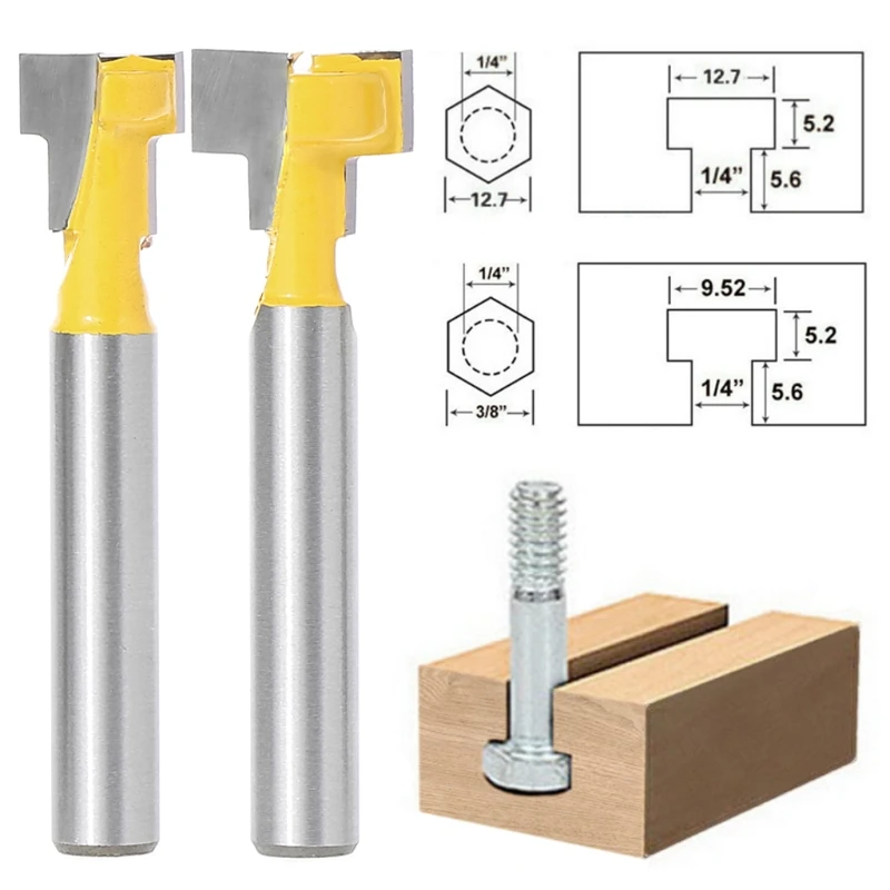 

2 Pcs 1/4'' Shank Yellow T-Slot Cutter Router Bit Set for 3/8'' & 1/2'' Hex Bolt