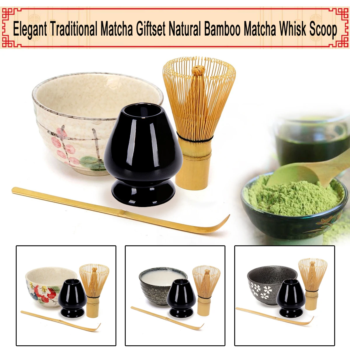

Tea Service Bamboo Natural Matcha Green Tea Powder Whisk Scoop Ceramic Bowl Set Japanese Teaware Ceremony