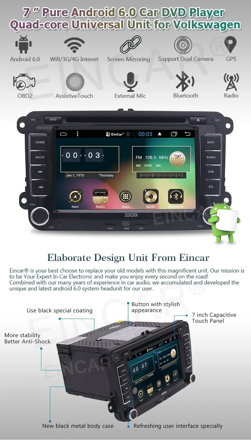 Canbus + Android 6.0 двойной дин стерео головного устройства GPS навигации для VW 7 ''dvd