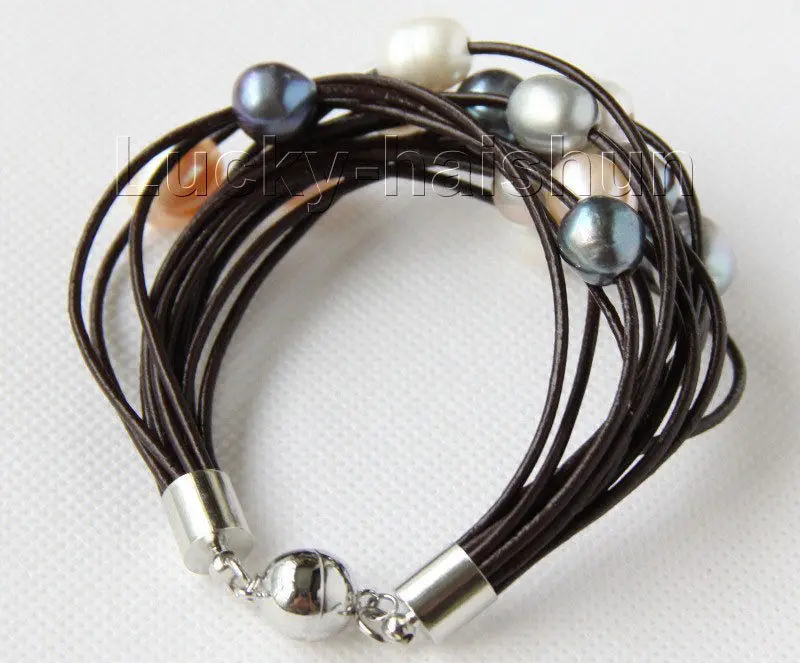 shipping8&quot 13mm 15row white pink purple gray black pearl wine red leather bracelet j9660 5.25 | Украшения и аксессуары