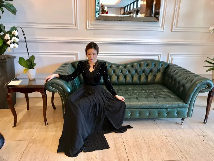High-end Winter Black Diamonds Maxi Long Dress Women Self Portrait Patchwork Slim Bodycon Pleated Dresses Party Runway Vestidos