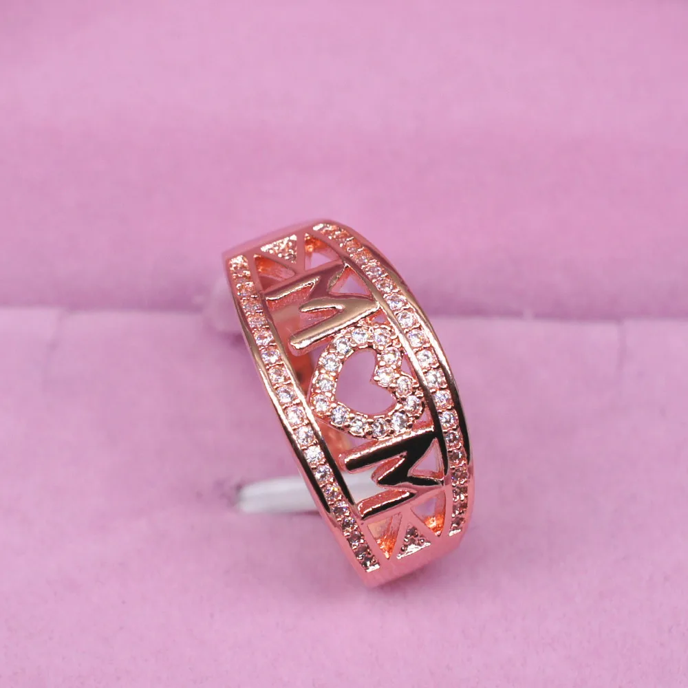 

Hot Sale Mother's Day Gift Stamped Letter MOM for Mom Rings Gold Plating White Gold/Gold/Rose Gold Color Zircon Heart Ring
