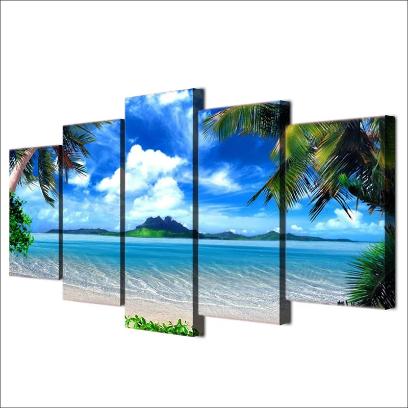 

YRHCD Frameless Canvas Painting 5 Panels Palm beach Wall posters for Living room Bed room Hotel Decor Home Wall art ornament