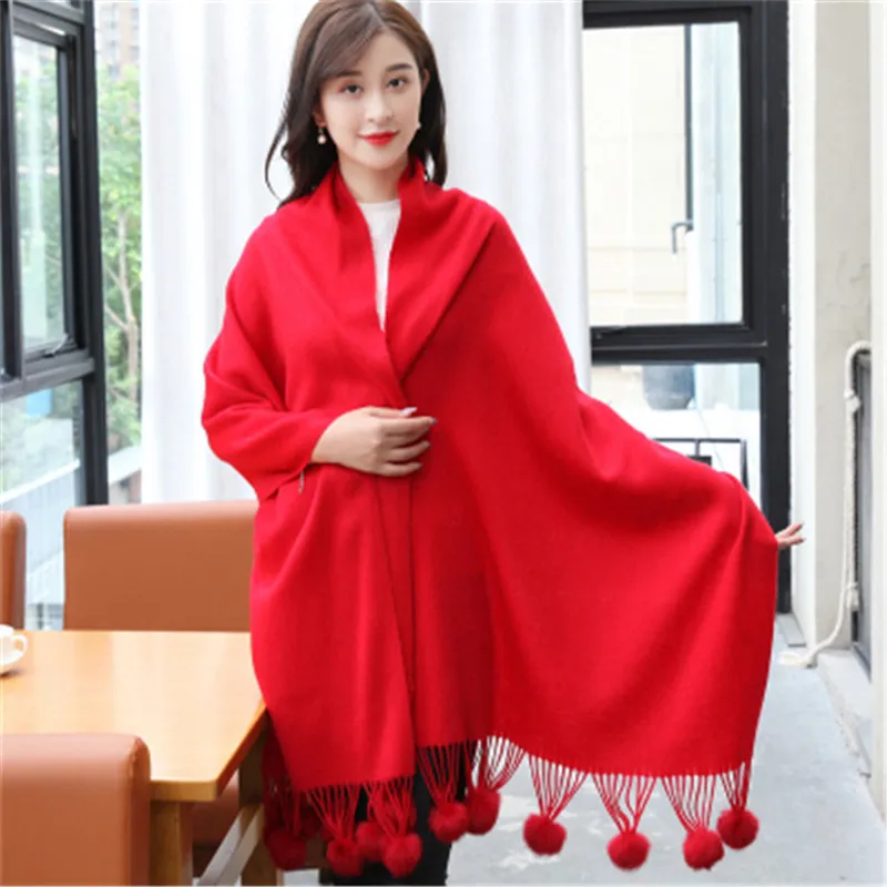 

wool polyester blend women fashion korean style cute hair balls solid color thick scarfs shawl pashmina 70x200cm