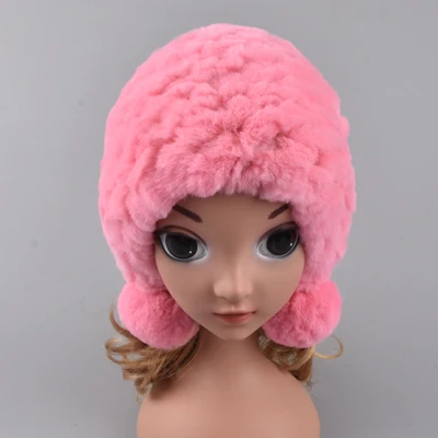pink Зимние меховые шапки для девочек из натурального меха кролика Рекс, шапка-ушанка с шариками, детская вязаная шапка с помпоном ручной вязки, шапочки, шарф-кольцо - Цвет: pink