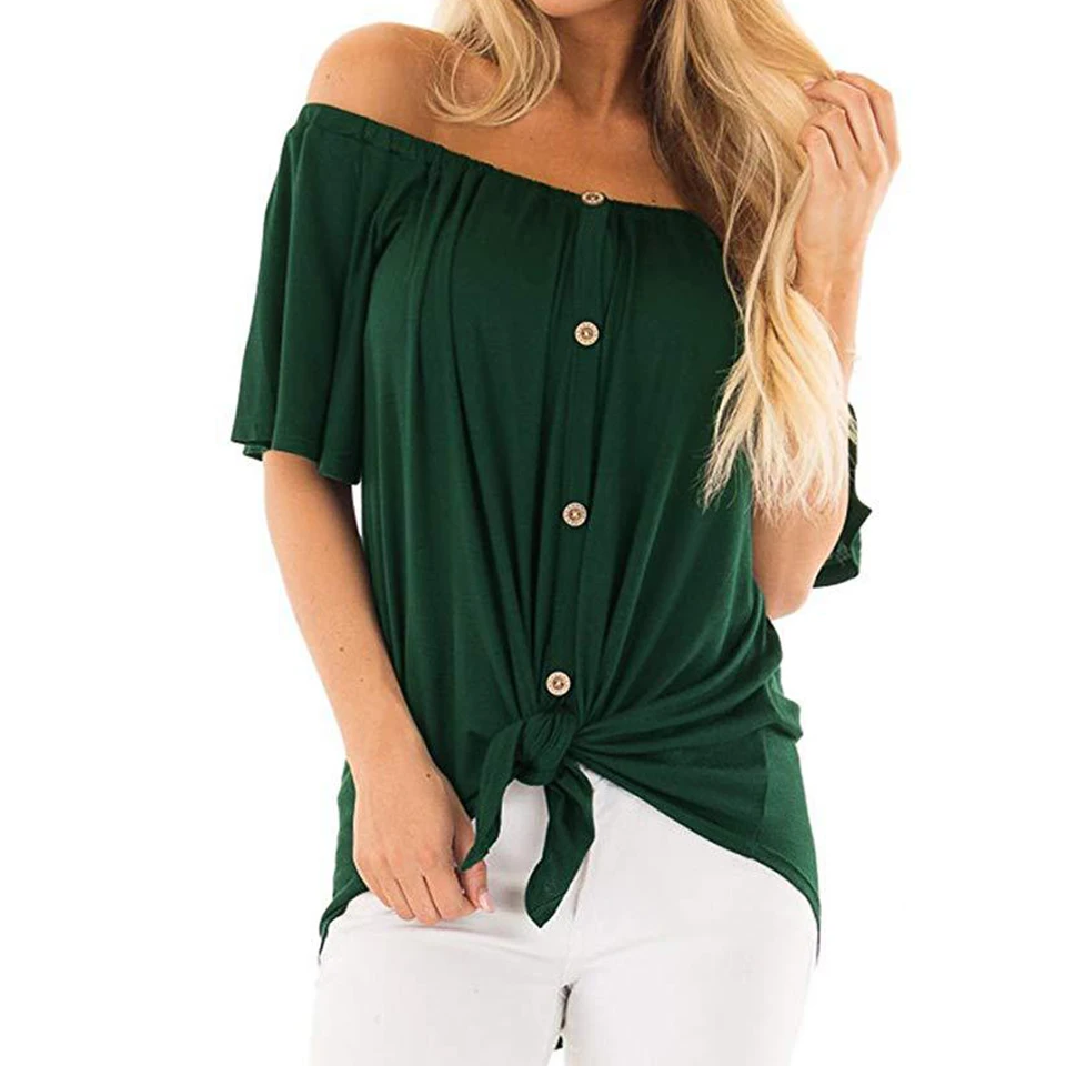 Открытыми Плечами Футболка Майка Женщина Короткий Рукав Украшения Декор Кнопка