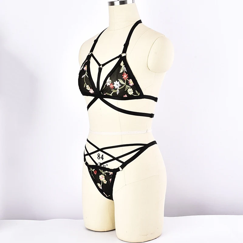 Sexy Lace Embroidery Bra Sets Bralette Lingerie Harness Women Mesh Transparent G-string Sheer Body Set | Женская одежда