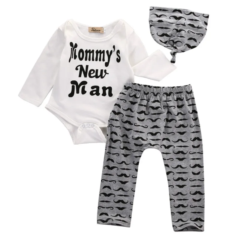 Infant Newborn Baby Girls Boy Clothes Outfit Set Cotton Beard Print Tops Romper +Long Pants Hats Kids 3Pcs Clothing Sets Sunsuit | Детская