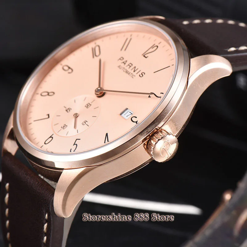 Новое поступление 42 мм parnis rose dial golden case date window ST1731 автоматические мужские часы |
