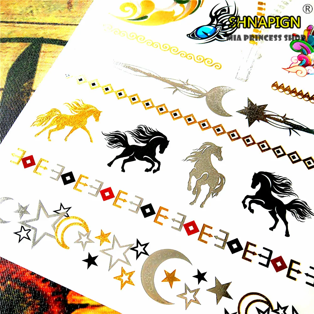 SHNAPIGN 24 style Temporary Tattoo Body Art Gold Anchors horse Designs Flash Sticker Keep 3-5 days Waterproof 21*15cm | Красота и