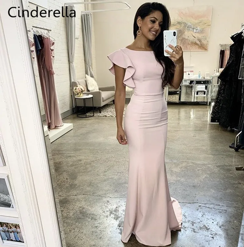 

Cinderella Cute Pink Scoop Short Sleeves Court Train Satin Mermaid Bridesmaid Dresses Short Train Trumpet Bridesmaid Gowns