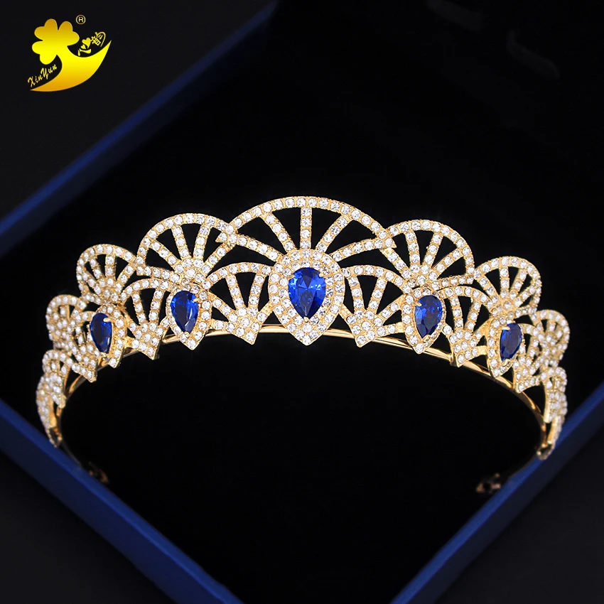 Xinyun Fashion Jewelry Blue Tiara Rhinestones Hair Accessories Wedding Miss World Crown Stone Tiaras Zircon Jewellery | Украшения и