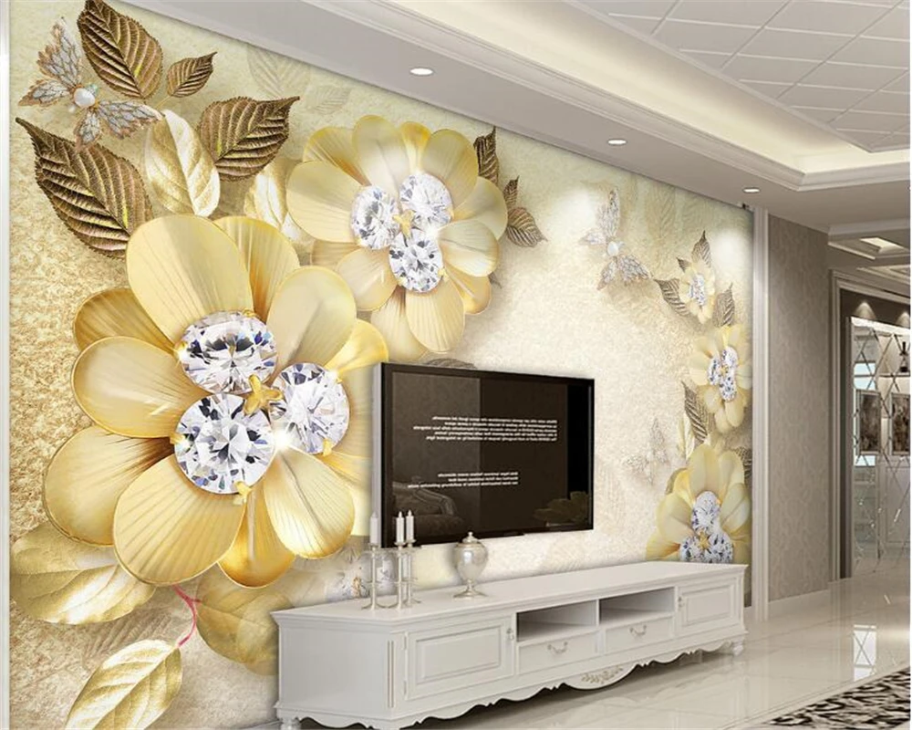 

beibehang European-style beautiful creative papel de parede 3d wallpaper luxury gold diamond flower silk jewelry background wall