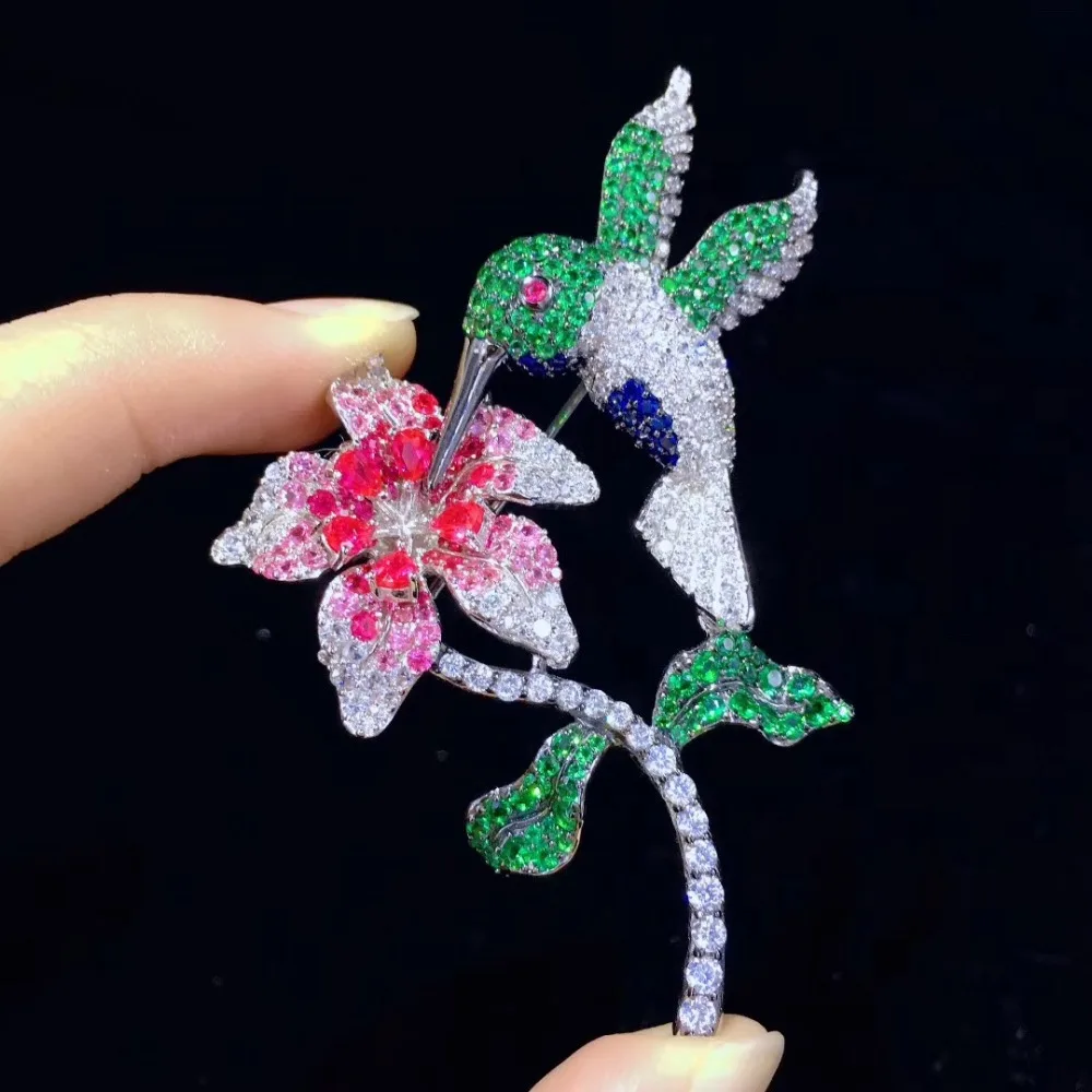bird and flower brooch pin fine women jewelry 925 sterling silver free shipping pave stone 56*73MM | Украшения и аксессуары