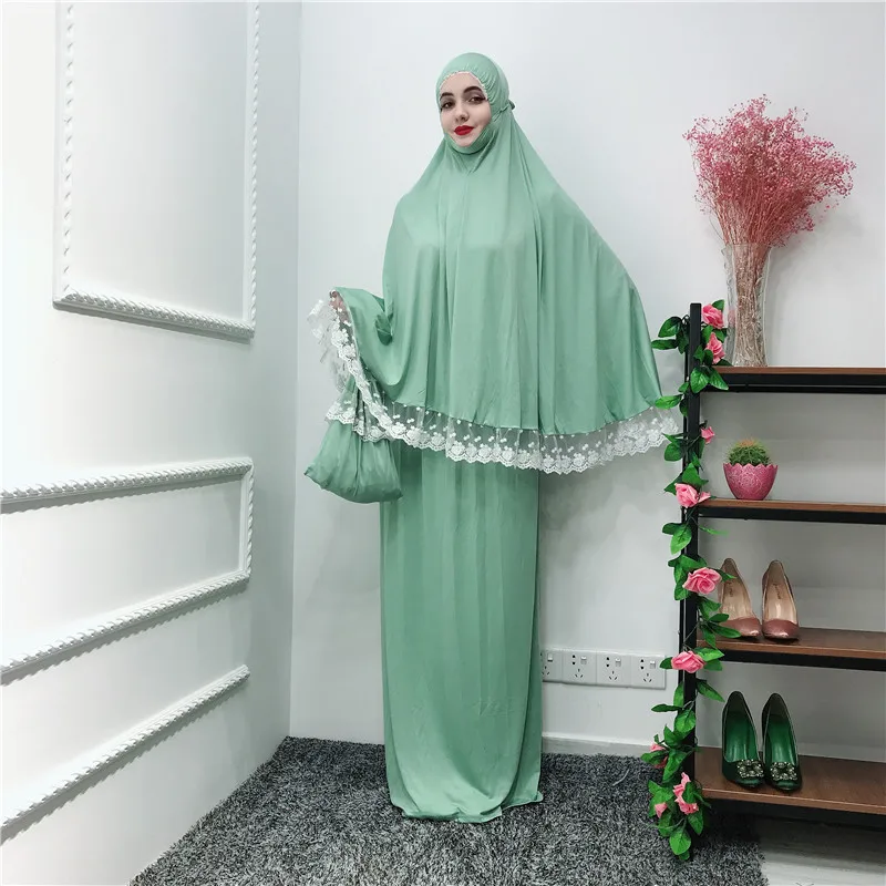 Light green set Рамадан халат абайя Дубай, Турция мусульманский хиджаб платье восточный женский халат для женщин Катара Caftan Tesettur Elbise молитва Исламская одежда - Цвет: Light green set