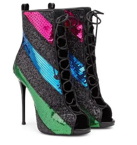 blingbling Colorful paillette peep toe high heel lace up ankle boots large size customize make |