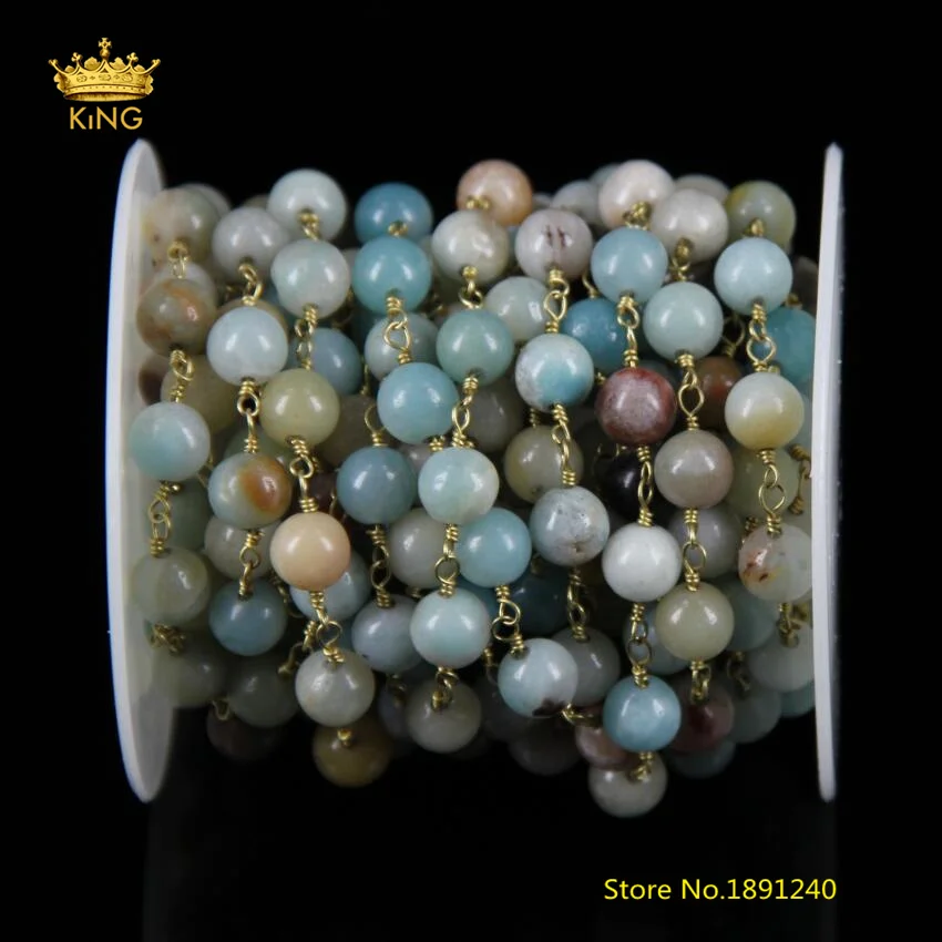 5Meter 8mm Smooth Round Amazonite Beaded Chains Jewelry Rosary Chain Wire Wrapped Stones Plated Brass Copper Necklace ZJ10 | Украшения и