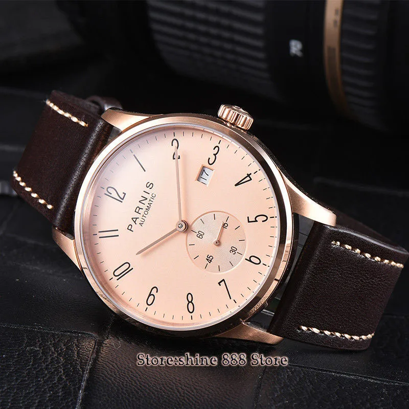 Новое поступление 42 мм parnis rose dial golden case date window ST1731 автоматические мужские часы |