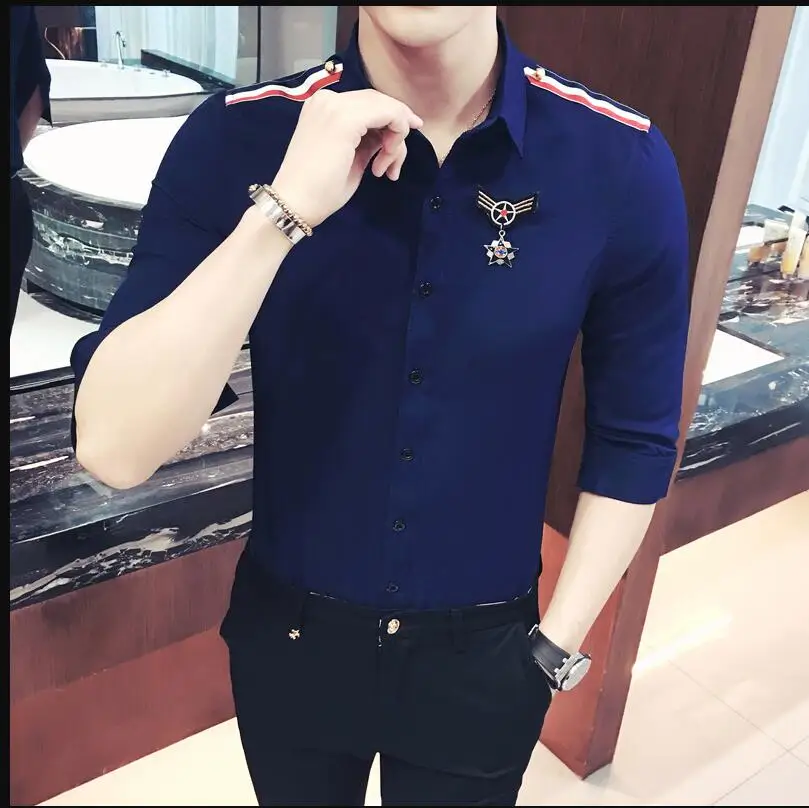 British Harajuku Mens Shirts Medal Designer Pink Camisa Social Slim Fit Dress Blouse Men Short Sleeve Casual Shirt Plus Size 5XL | Мужская