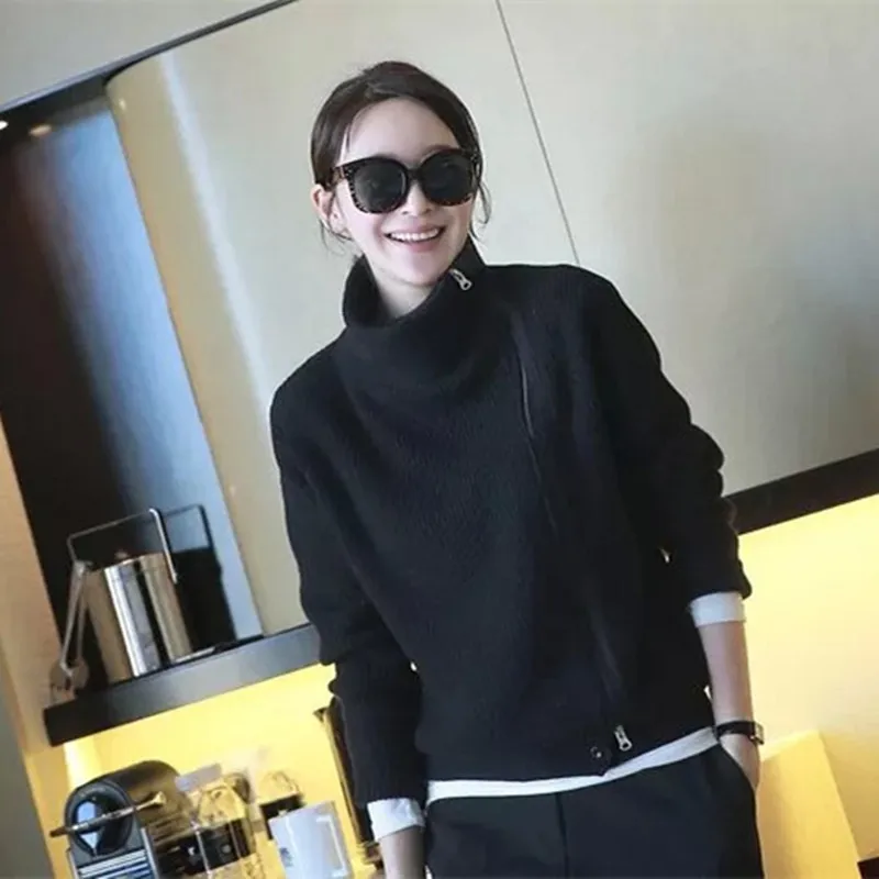 HZYRMY 2018Autumn and Winter New High-Neck Cashmere Cardigan Fashion Zipper Design Short Coat Solid Color Wool Knit Warm Sweater |