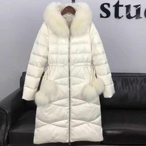 beige Tcyeek, женские зимние пальто, 90% белый утиный пух, куртки, тонкий длинный пуховик, парка с натуральным лисьим мехом, с капюшоном, теплая одежда, LWL1351 - Цвет: beige