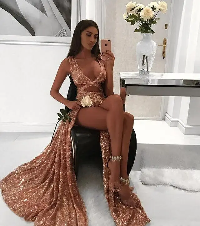 Женское платье с глубоким вырезом Модное Длинное Платье на бретельках блестками