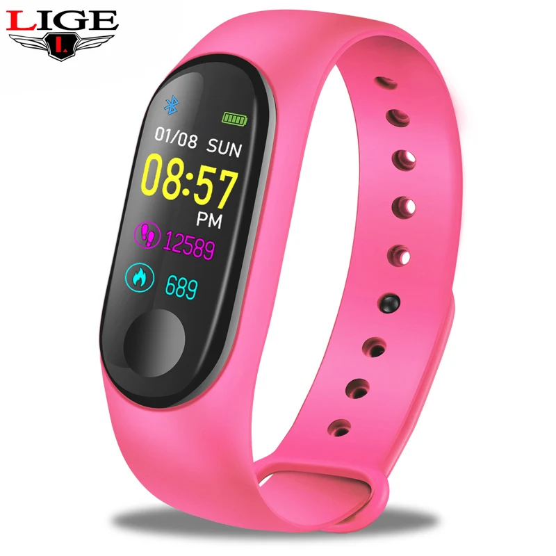 Pink LIGE, умный Браслет, водонепроницаемые спортивные часы для мужчин и женщин, фитнес, шагомер, пульсометр, измеритель артериального давления, умный браслет+ коробка - Цвет: Pink